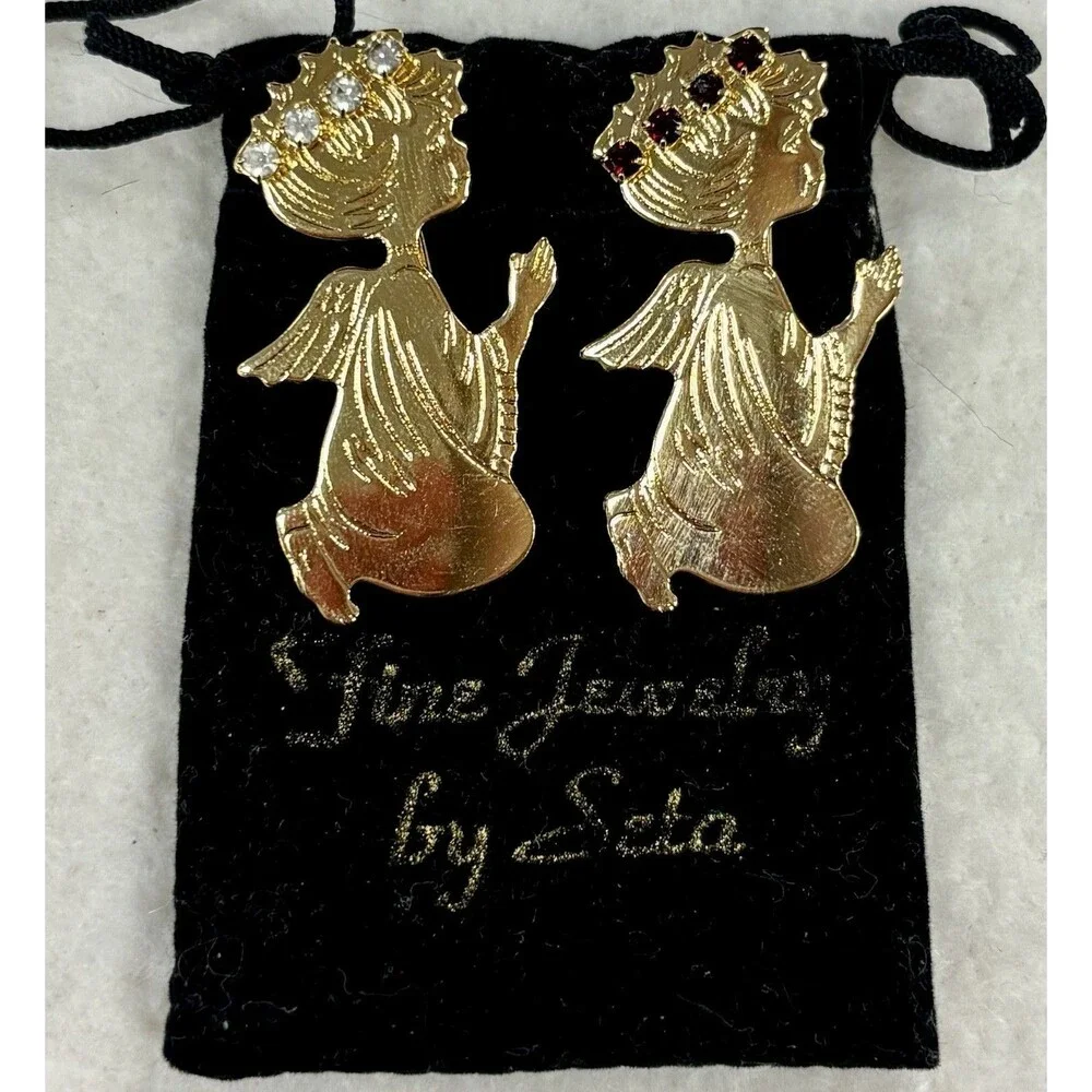 Vintage Seta Birthstone Angel Brooch Pins January Garnet April Rhinestone Pair